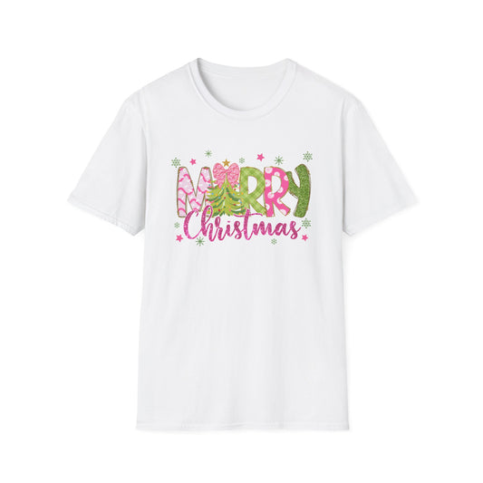 Pink and Green Merry Christmas - Unisex Softstyle T-Shirt